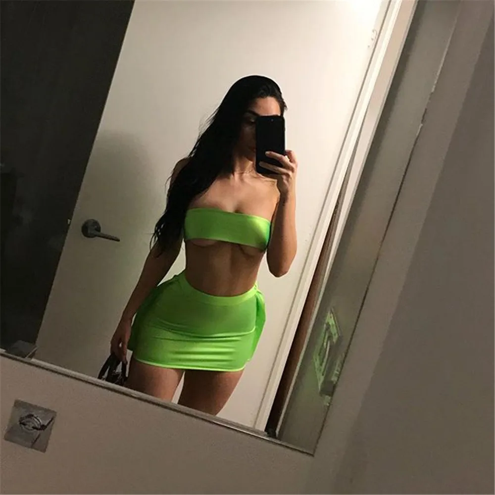 

BKLD Women Outfit 2019 Summer Sexy Clubwear Strapless Crop Top Outfits Ruffle Mini Bodycon Skirt Set Orange Two Piece Sets Women