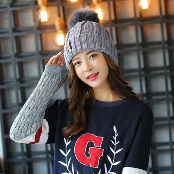 Хит продаж, женская зимняя вязаная утолщенная Шапка-бини, шапочка с шарфом, теплая меховая зимняя шапка-В5