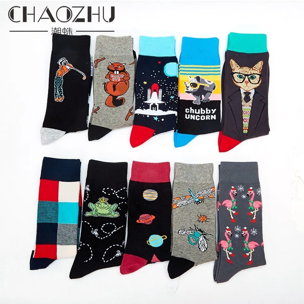 Носки CHAOZHU мужские забавные модные круглые с мультяшными кошками и очками
