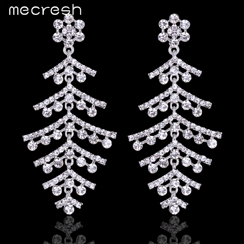

Mecresh Gorgeous Crystal Bridal Long Drop Earrings Silver Color Wedding Earring for Women Tree Shape Long Earrings MEH755
