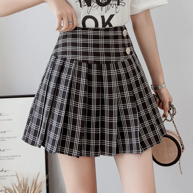 Preppy Style Plaid Pleated skirt women mini high waist skirt female