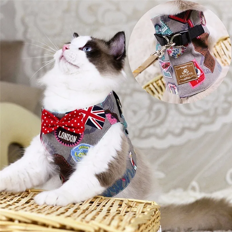 RFWCAK Pet Cat Dog Harness Safety Walking Cat Collar Leash Pet Traction Elegant British Style Cute Jacket Leash