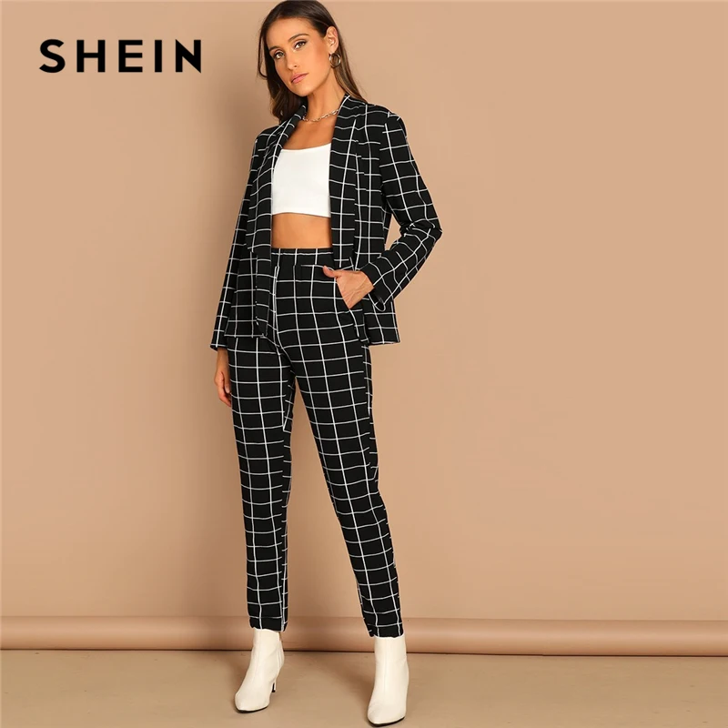 SHEIN الأسود بسط الشبكة طباعة شال طوق منقوشة طويلة الأكمام السترة فستان أطفال مع سروال داخلي النساء الخريف عمال موردن سيدة Twopiece