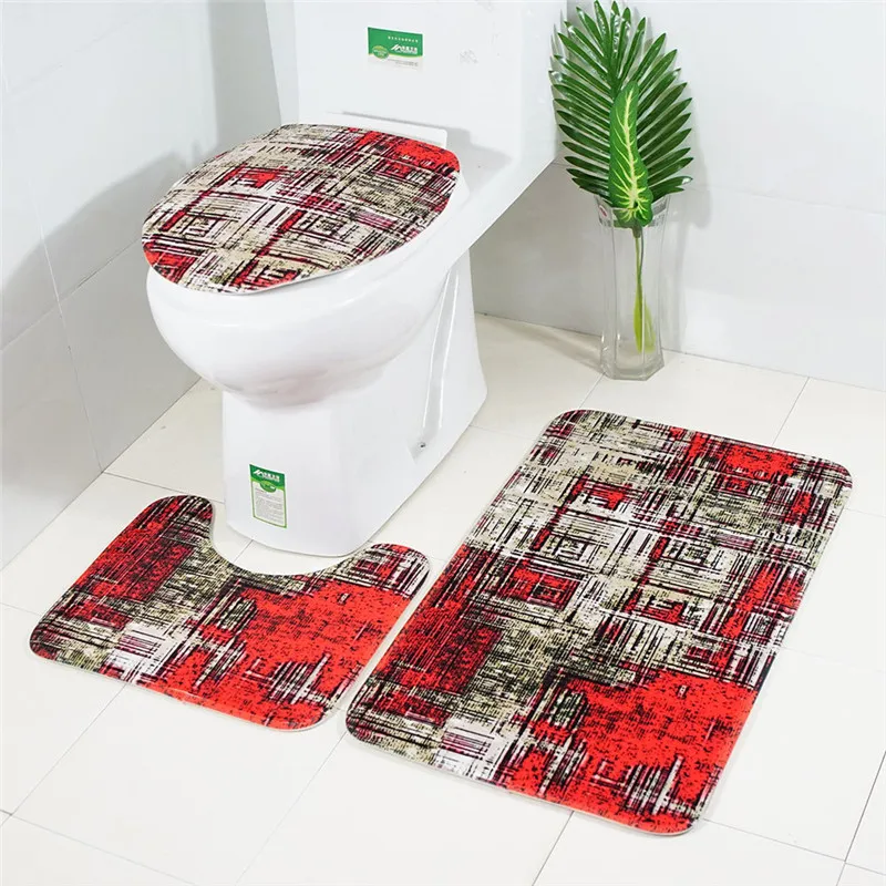

3 PCS Bathroom Floor Mat Flannel Toilet Pad set with marble or abstract printing pattern Non-slip combination Rug set
