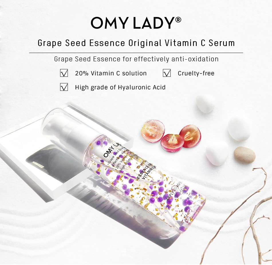 OMY LADY Face Serum Grape Seed Anti-Wrinkles Anti-Aging Essence Hyaluronic Acid Vitamin C Moisturizing Brighten Repair liquid