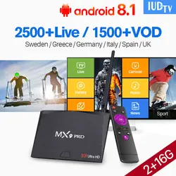 MX9 PRO Android 8,1 Smart ТВ коробка с Ip ТВ подписки RK3328 2G 16G BT4.0 ВМС ТВ код IPTV Великобритании Пособия по немецкому языку Испания Италия Швеции Греция