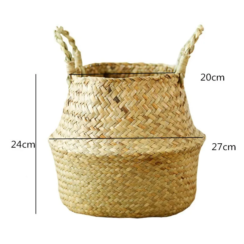 Garden Plant Flower Pot Handmade Rattan Storage Basket Foldable Seagrass Straw Hanging Woven Handle Toy Storage Container 1Pc