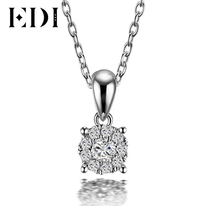 EDI Classic Real Natural Diamond Pendant Necklace For Women 18K Solid White Gold Diamond With 16