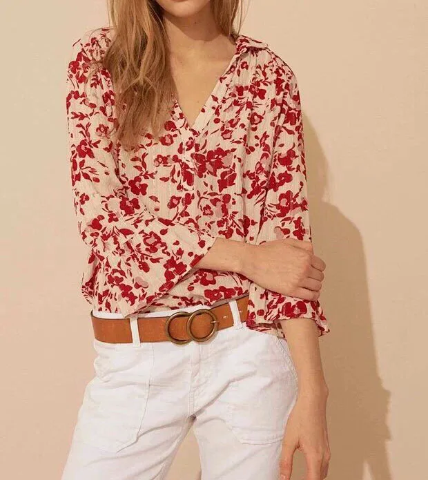 

Women blouses Shirt Gold and Silver Henley neckline floral print shiny threads women's blouses