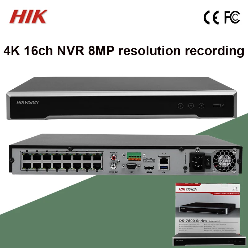 

DS-7616NI-K2/16P NEW Hik 4K NVR 16ch NVR with 16POE Alarm in/out CCTV Recorder 2SATA H.265 H.264 Up to 8MP resolution recording
