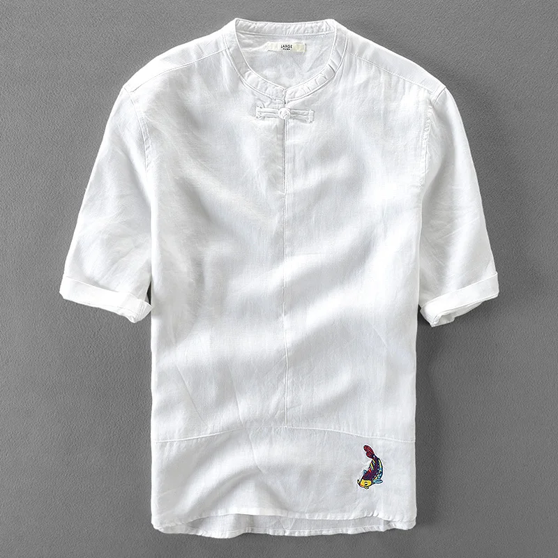 New designer embroidery linen shirts men short sleeve summer men shirt loose breathable flax