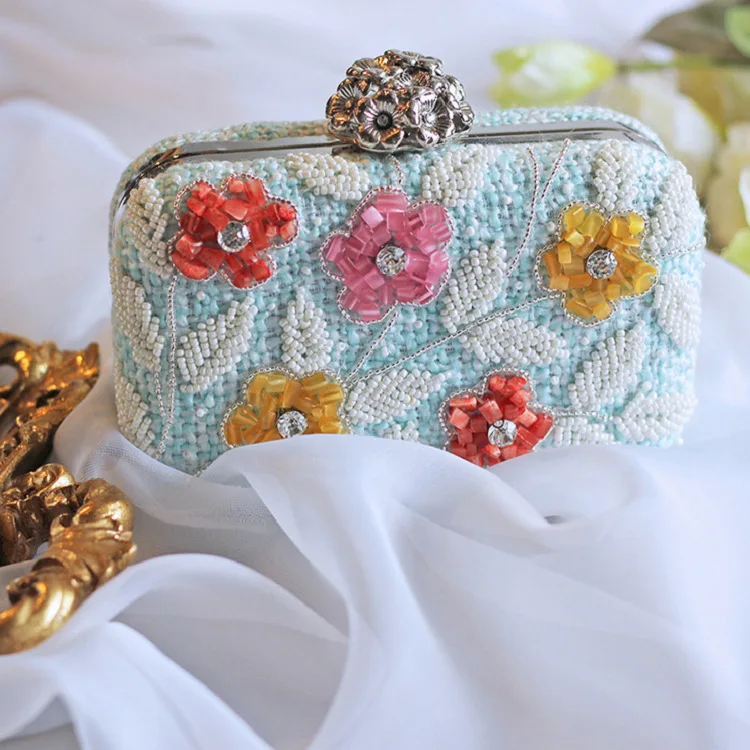 

Women's Evening Clutches with Colorful Flower and Diamonds for Dating, Evening Handbag with Detachablle Chain,