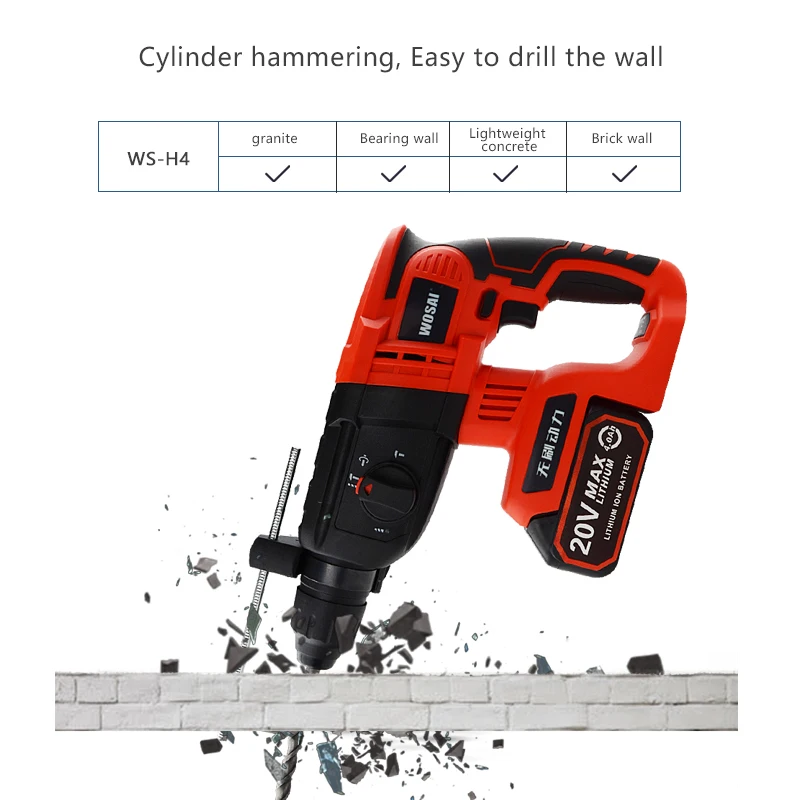 WOSAI 20V Electric Impact Drill Rotary Hammer Brushless Motor Cordless Hammer Electric Drill Electric Pick for Switch Freely 