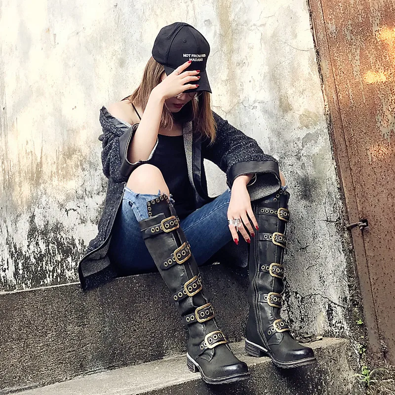 Flash Deal Jady Rose Punk Style Black Women Knee High Boots Genuine Leather Belt Straps High Boots Female Platform Rubber Flat Riding Boot 3