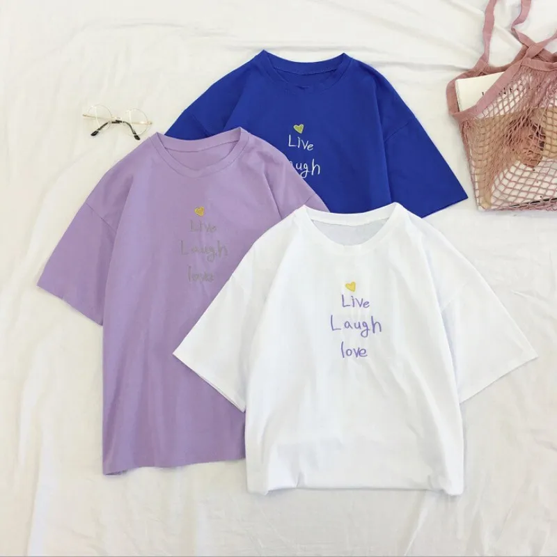 

Halajuku Women Letters Embroidered Tshirts Summer Loose Round Collar Tee Tops Short Sleeve Casual Simple T-Shirt Women 2019