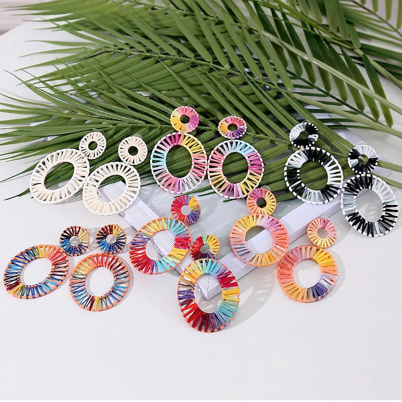 

Bohemian Oval Geometric Handmade Multicolor Raffia Earrings For Women 2019 Fashion Boho Statement Big Lafite Drop Earring Gifts