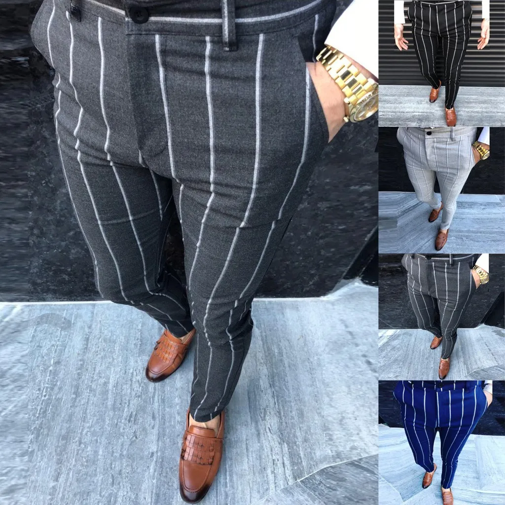 Модные мужские повседневные деловые облегающая полосатая с принтом на молнии длинные брюки M-2XL pantalones hombre уличная джоггеры