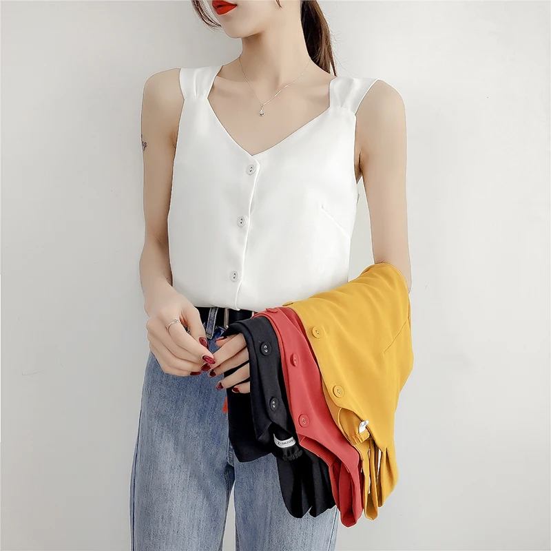 

Summer Woman 2019 Solid Color Camisole V-neck Buttons Chiffon Camis Summer Tank Tops