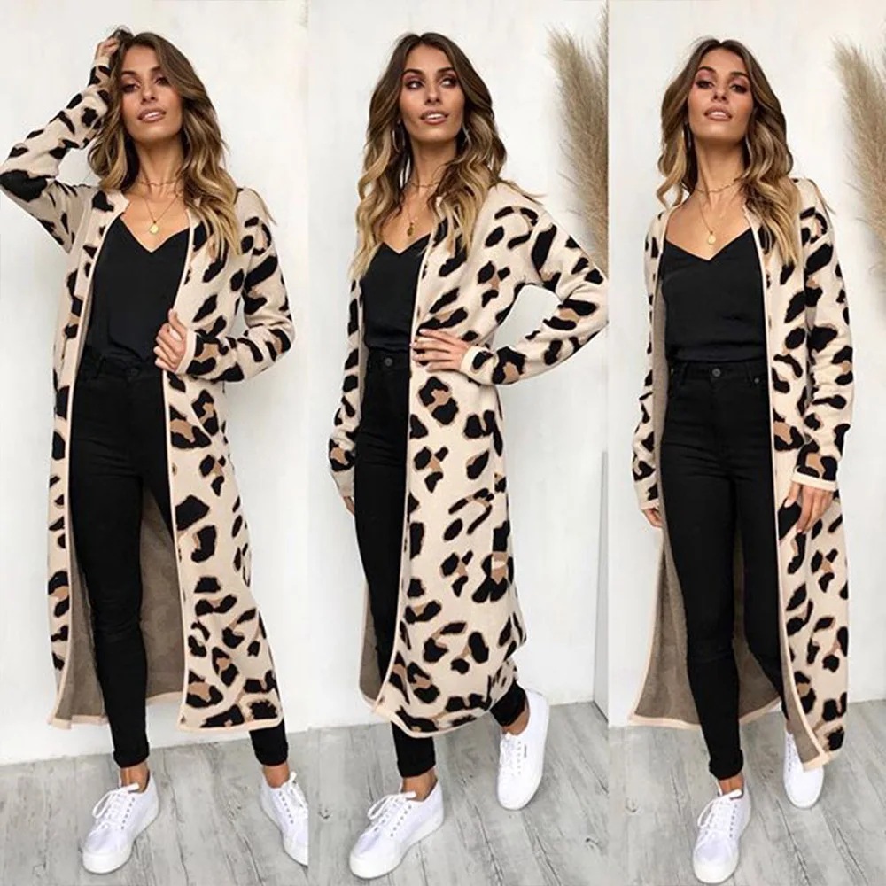 Poches Hiver Imprimé Feminino Outwear 2018 khaki Chandail Split De Femmes Automne Black Long pink Tricot Cardigan Léopard eIW2Y9DHE