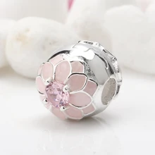 Очаровательные цветы из стерлингового серебра 925 пробы с розовой эмалью и CZ бусины на браслеты для женщин ювелирные изделия