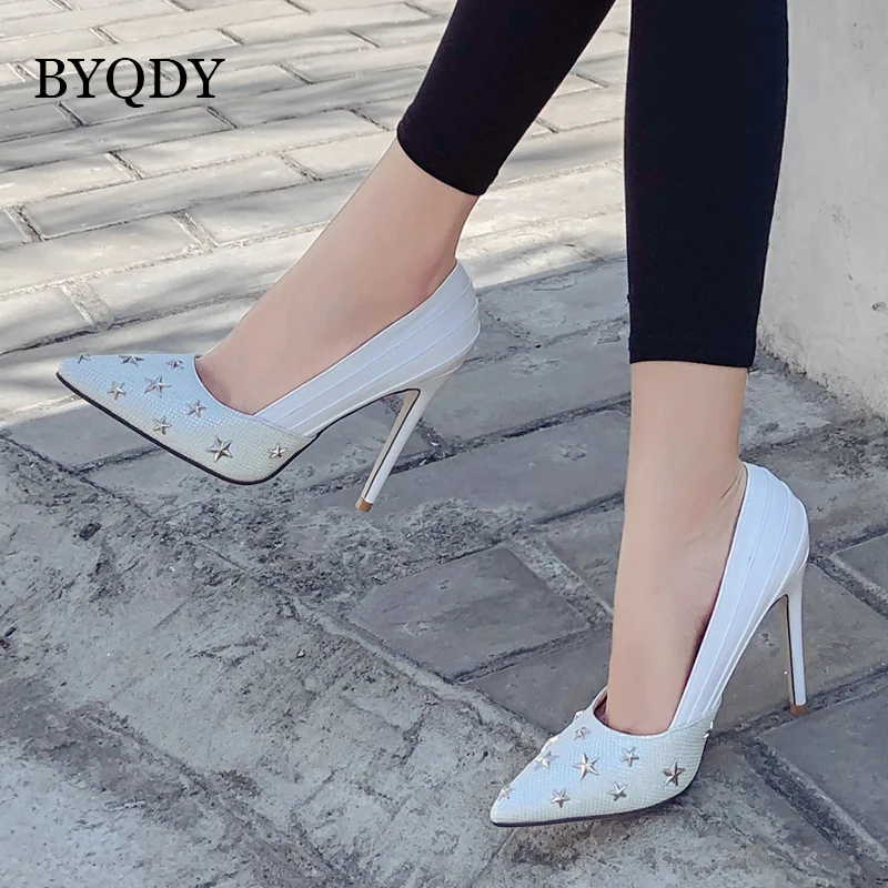 

BYQDY Fashion PU Spring Woman High Heels Pumps Five-pointed Stars Rivet Decoration Gladiator 2019 Stiletto Shallow Wedding Shoes
