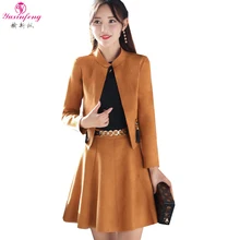 Yuxinfeng Two Pcs Suede Skirt Suit Women Short Jacket And A Line Skirt Elastic Waist Women's Sets Office Wear Skirt Suit And Top