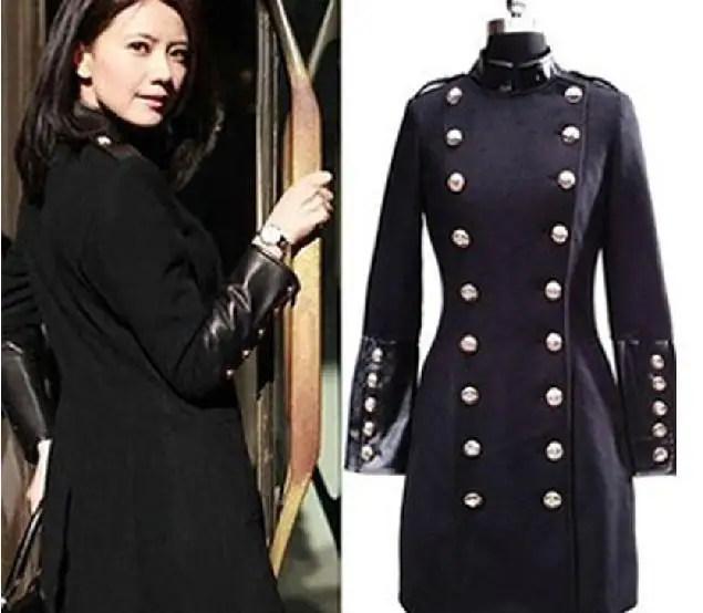 Autumn Winter Fashion Wool Coat For Women Slim Solid Stand Collar Double Breasted Black Long Coat