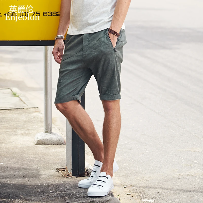 Enjeolon Brand Summer Cool Casual Shorts Men Cotton Black Green Solid