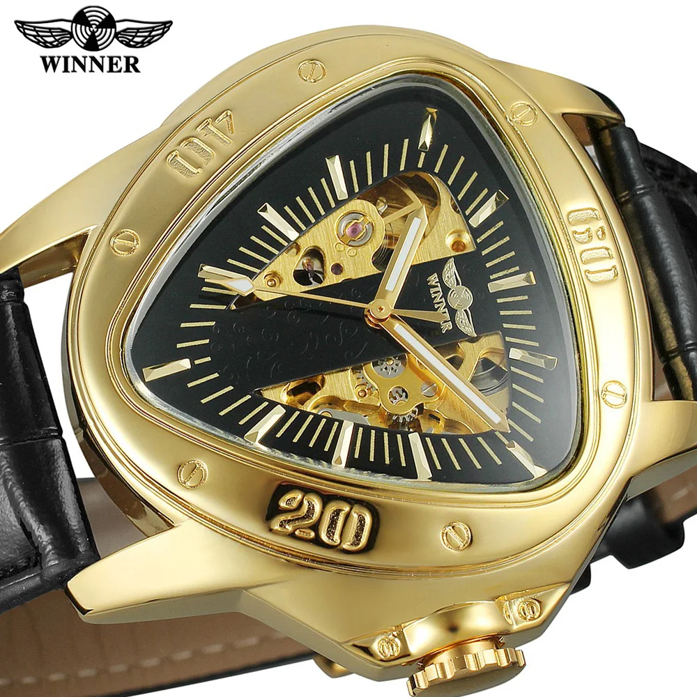 Winner Gold Designer Triangle Black Skeleton Dial Mens Leather Strap