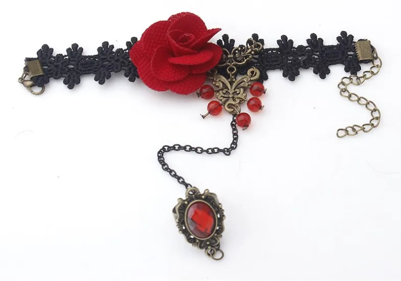 Горячая новинка ретро кружева красные розы из металла браслет большой красный кристалл ювелирные изделия с бриллиантами для женщин