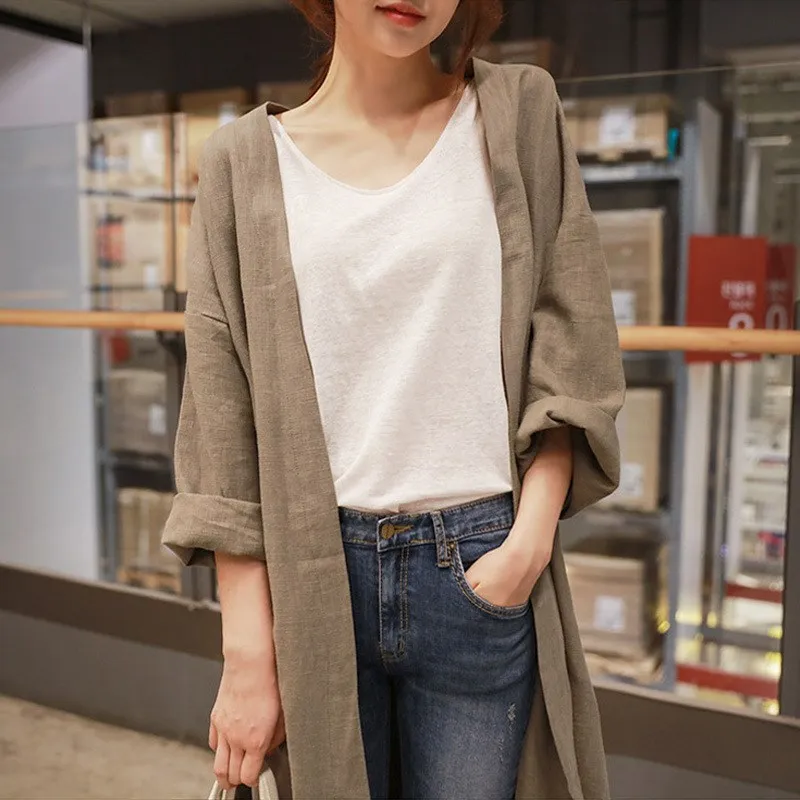 

2019 New Autumn Summer Medium Long Sun Protection Loose Trench Women Long Sleeve Cotton Linen Casual Coat