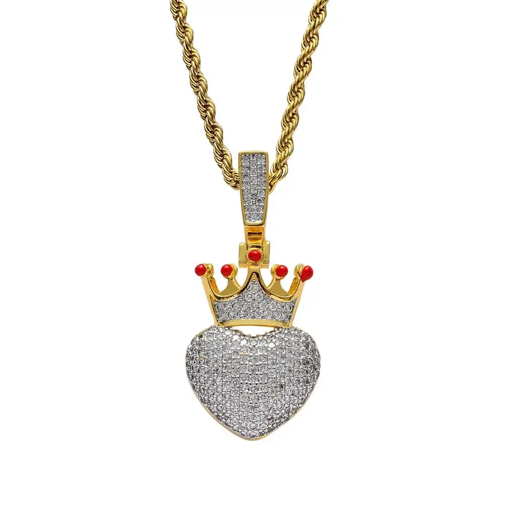 

Hip Hop Micro Paved AAA Cubic Zirconia Bling Ice Out Crown Heart Pendants Necklaces for Men Jewelry Gold Color