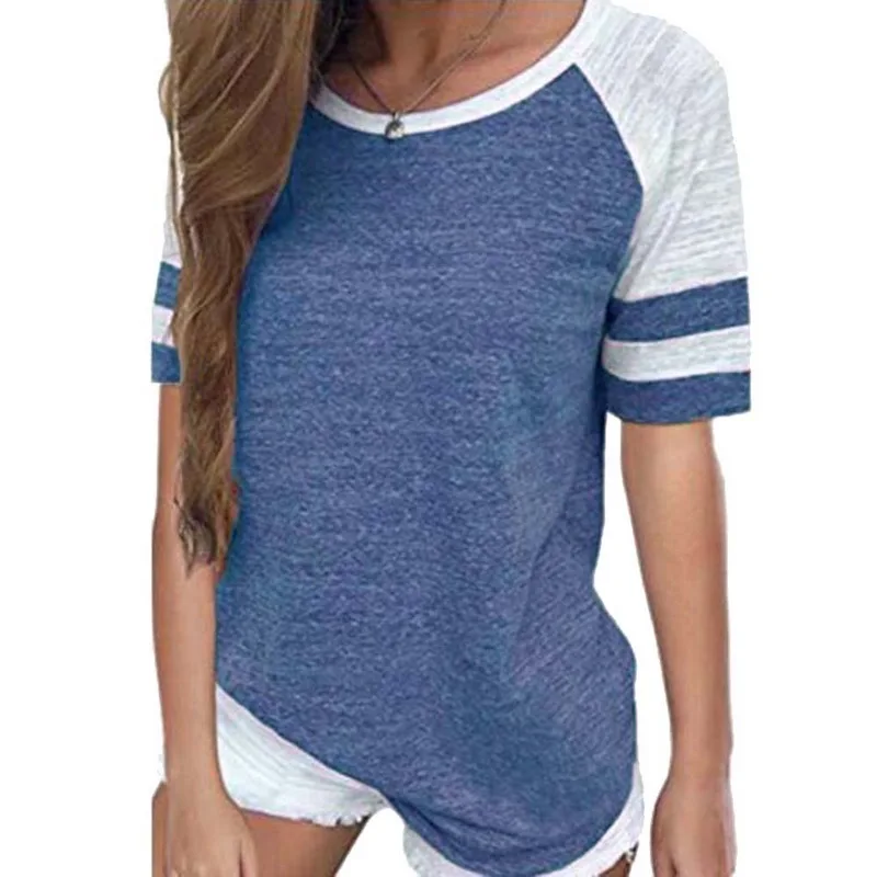 

Women Striped Splicing Baseball Tshirt 2018 Summer Fashion Casual O Neck Loose Top Tee All Matched T Shirt Plus Size