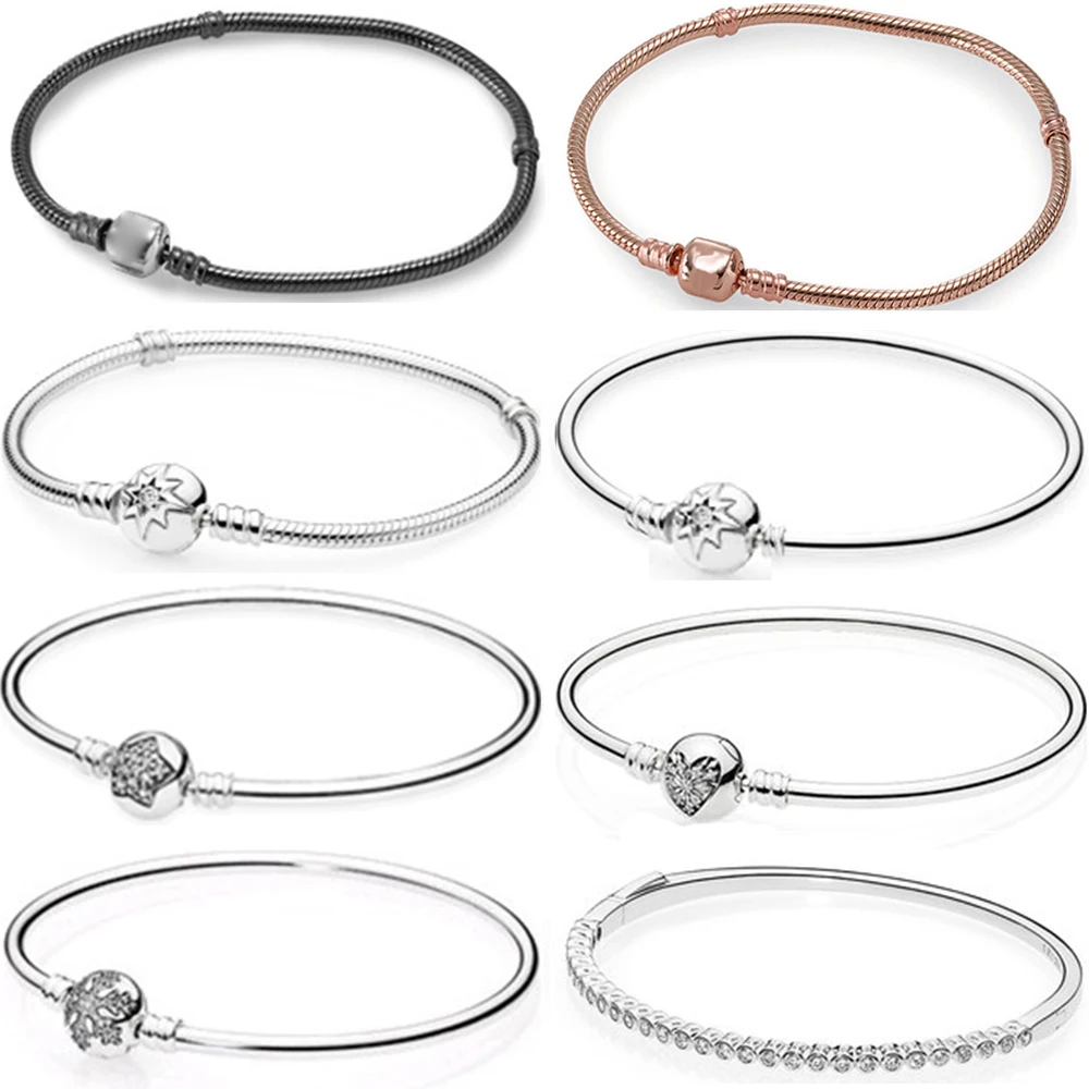 

NEW 100% 925 Sterling Silver Basic Bracelet Snowflake Star Zircon Heart Bracelet Rose Gold DIY Beaded Gift