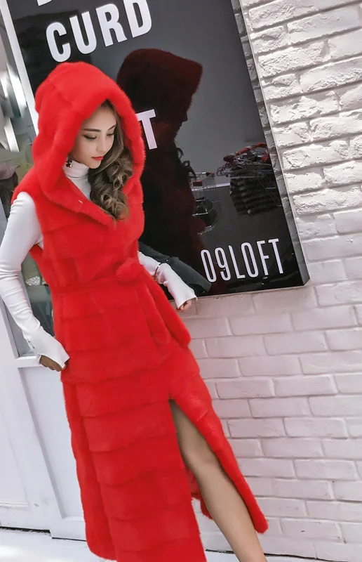 

Women Rabbit Fur Vest With Hood Belt Winter Real Nature Rabbit Fur Coat X-Long Custom Size Jacket Free Shipping S181118