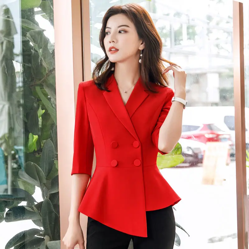 Red Skirt suit 2 Pieces Set fashion business women suit office ladies work wear uniform Interview thin blazer hlaf sleeve top