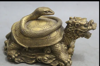 

zhmui8800626343<<+++6" China Brass Dragon Turtle Tortoise Snake God Beast longevity Statue Sculpture