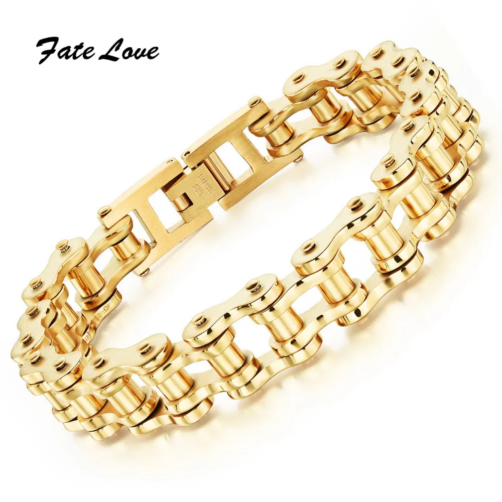 Fate Love 21.5cm*13mm Punk Gold Color Heavy Wide Stainless Steel Bracelets Bicycle Motorcycle Chain Men Delicate Jewelry FL781