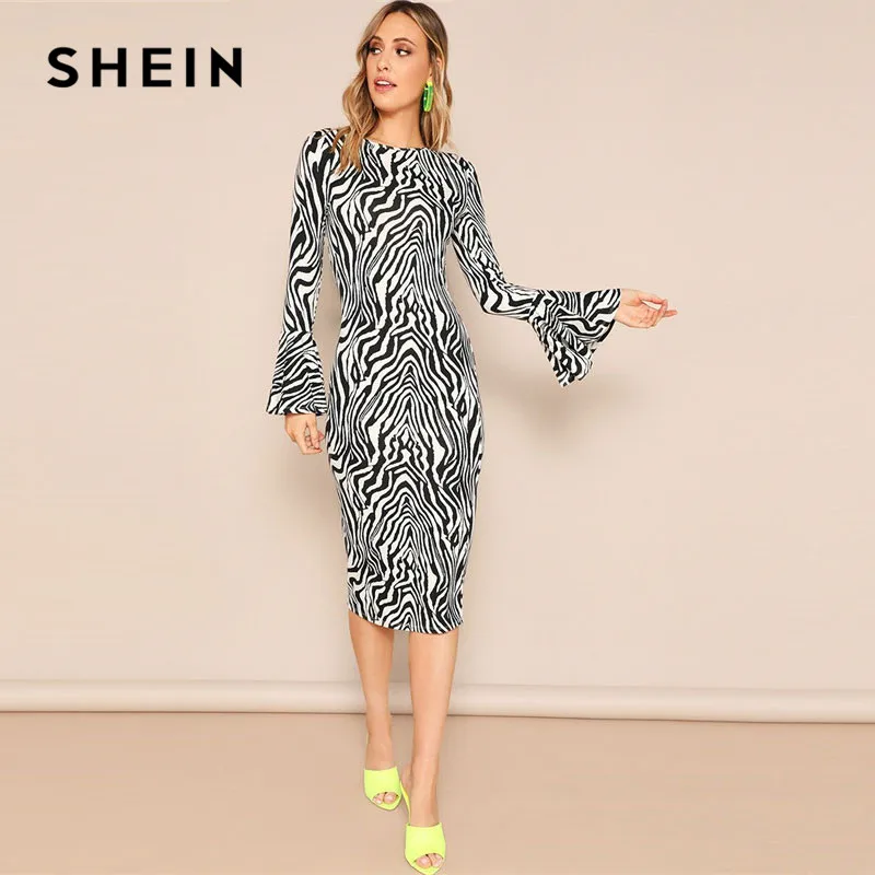 

SHEIN Elegant Flounce Sleeve Zebra Print Pencil Midi Dress Women Spring Long Sleeve Round Neck Stretchy Fitted Bodycon Dress
