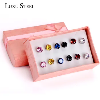 LUXUSTEEL Gift Box 6pairs Earring Sets Size 3mm/5mm/7mm Stainless Steel Anit-allergy Colorful Crystal Stud Earring Bijoux