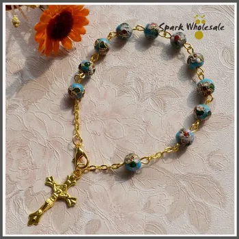 

12pcs/lot Catholic Antique 8mm Sky Blue Cloisonne Beads Rosary Bracelet Religious Bracelets Golden Cross Charm Rosary Bracelets