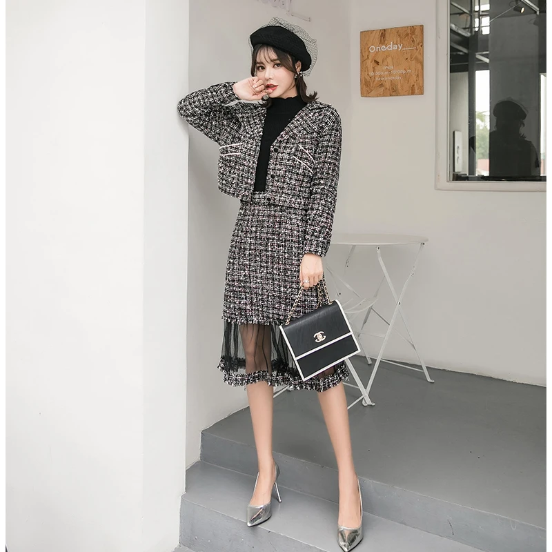 

YiLin Kay 2019 Autumn Winter Small Fragrance 2 Piece Set Runway Women Tweed Tassel Beading Jacket Coat + Pencil Skirt Suit