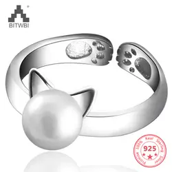 100% 925 пробы серебро кошачьи уши натуральный жемчуг Открытое кольцо для Для женщин