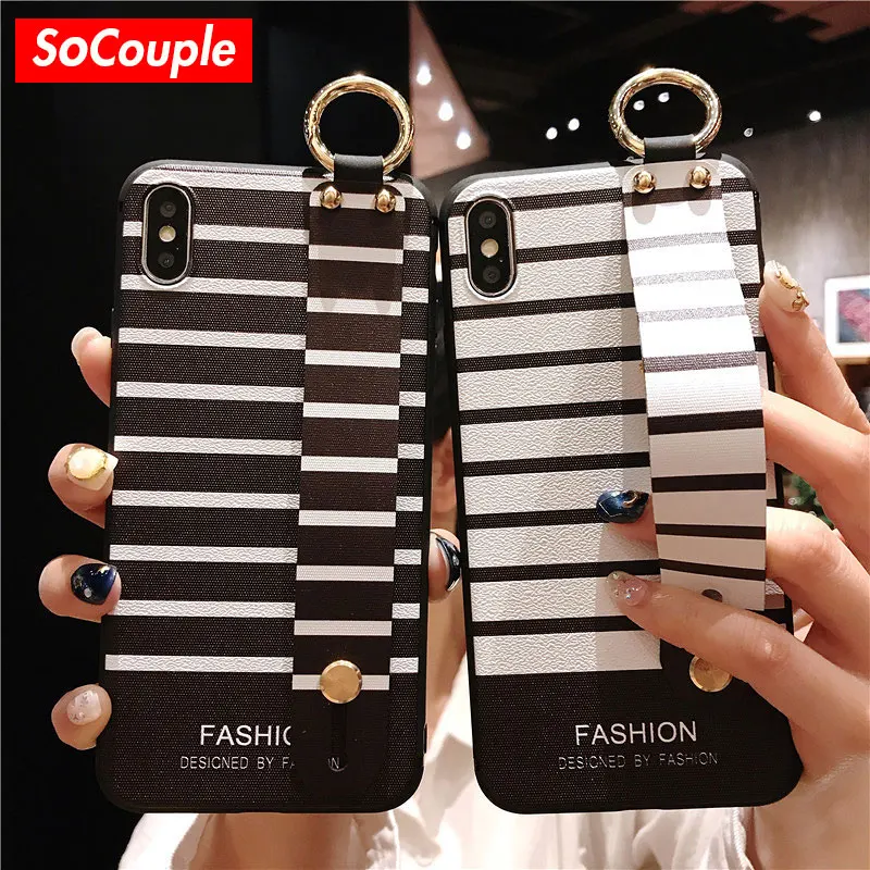 

SoCouple Wrist Strap Phone Cases For iPhone Xs max Case For iPhone 11 Pro Max 7 8 6 6s Plus X XS XR Stripe Soft TPU Back Cover