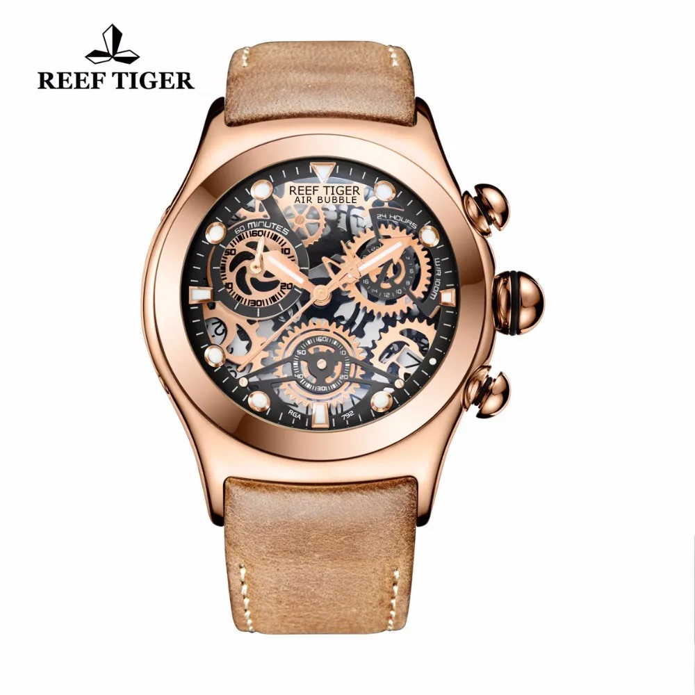 

Reef Tiger/RT Mens Sport Watches Brown Leather Strap Skeleton Quartz Chronograph Waterproof Watches Relogio Masculino+Box RGA792