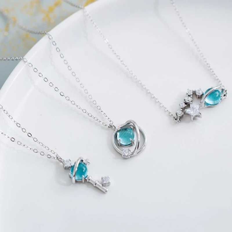 

WYEAIIR Blue Glaze Stars Simple Fresh Creative Literary Sweet 925 Sterling Silver Clavicle Chain Female Necklace