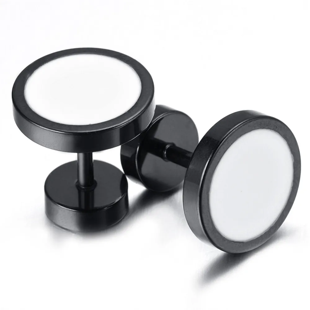 10mm Stainless Steel Stud Hoop Mens Earrings, Black, White, Round KE906