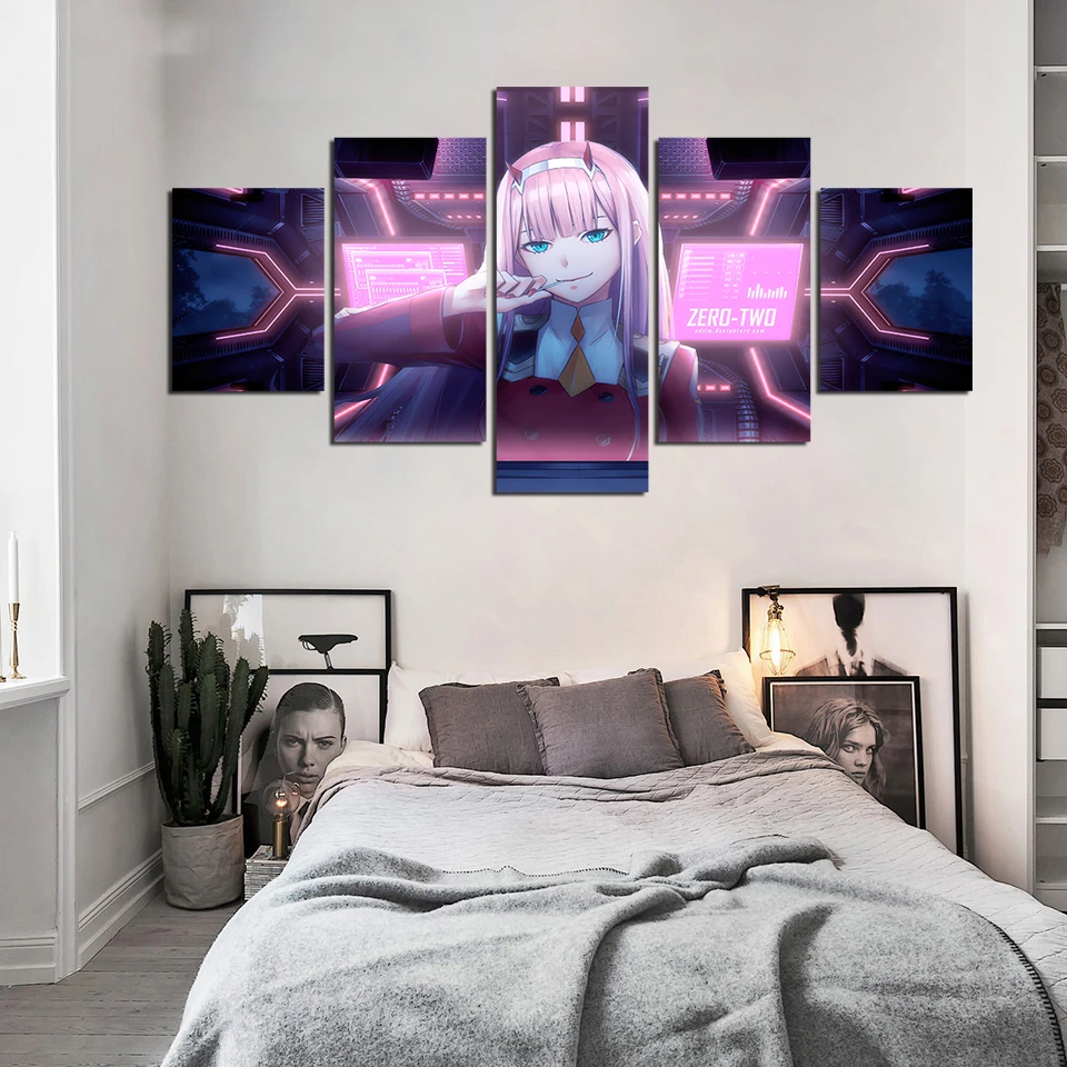 

Printed Anime Picture Wall Art Modular 5 Panel Darling in the Franxx Painting Poster Canvas Modern Kids Room Home Decor Frames