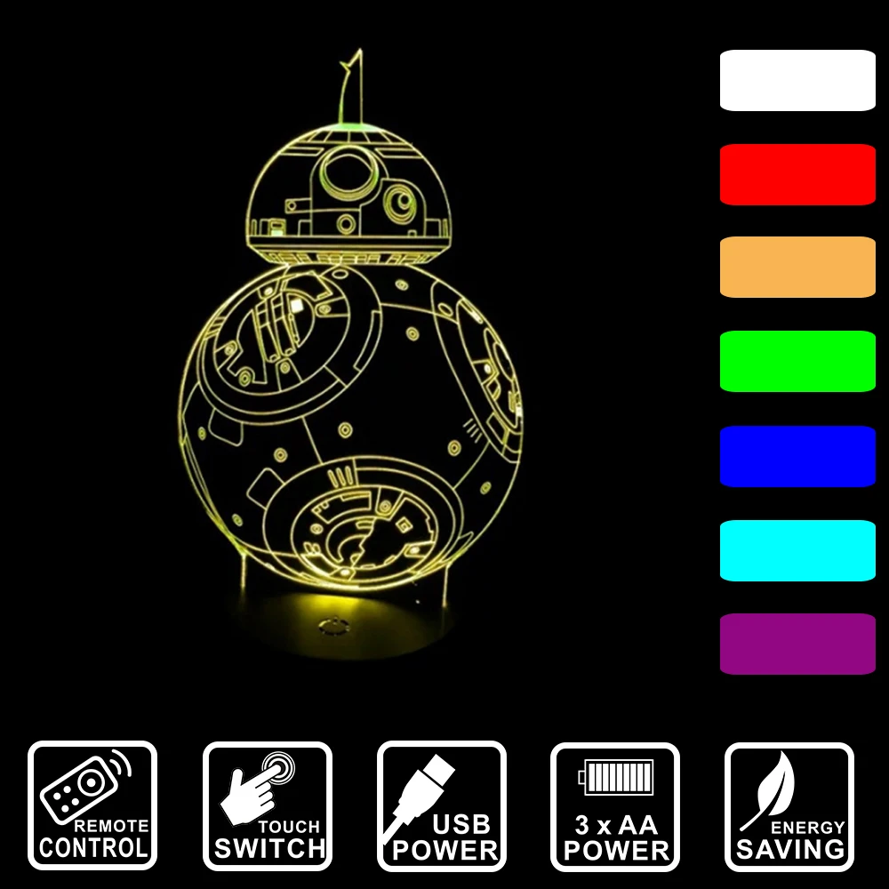 

7 Colors change 3D Visual Nightlight Star Wars BB8 robot LED Lamp for Kids remote control/Touch Acrylic USB Table Lamp IY803320