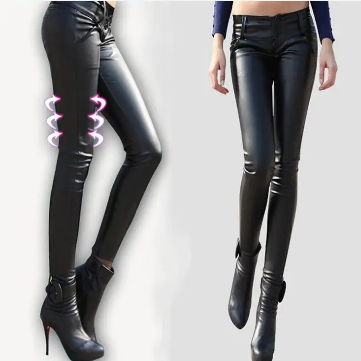 

Size 25-33!2016 Fashion Autumn Winter High Quality Women's PU Leather Elastic Slim Pants Boots Trousers